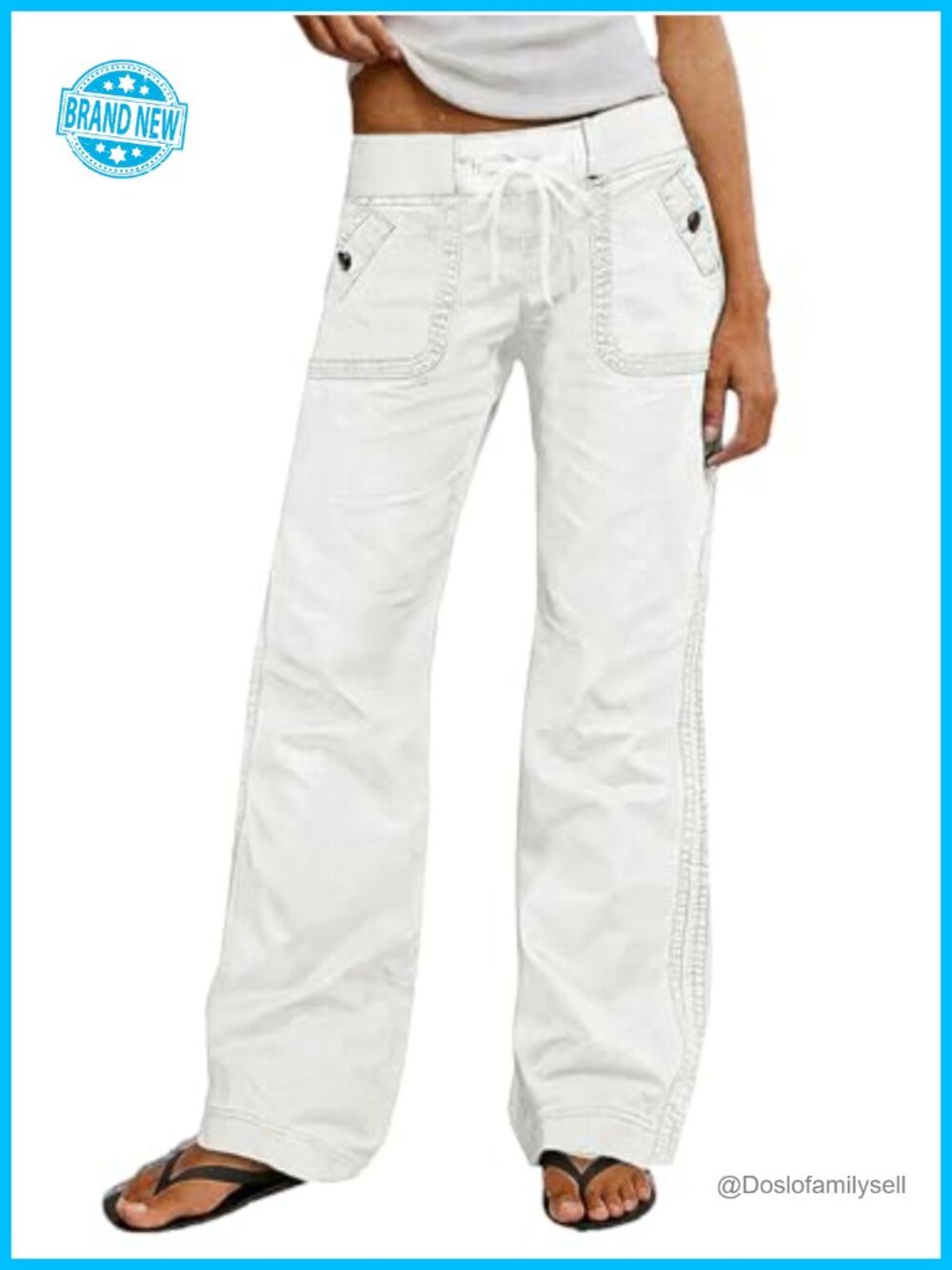 Straight Leg Pants with Drawstring Waist and Seam Detail, 100% Cotton